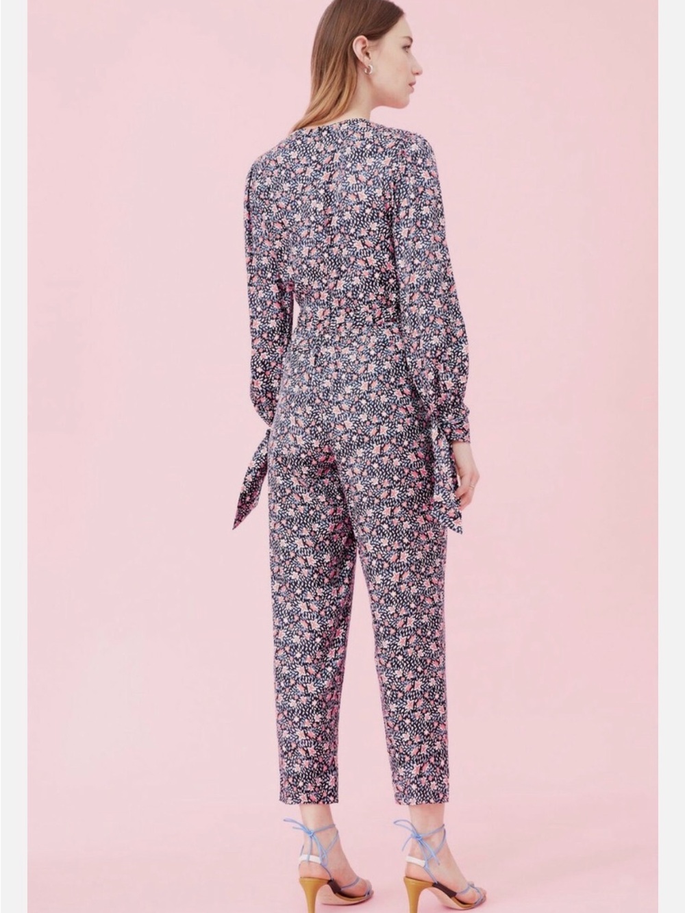 Floral V-Neck Long Sleeve Jumpsuit in Navy with Coral Accents - Picture 3 of 16